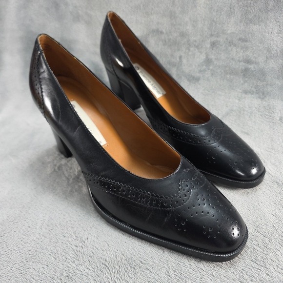 Etienne Aigner Shoes - Etienne Aigner Brogue Cap-Toe Block‎ Heel Pump Black  Leather Women's Size US 8M